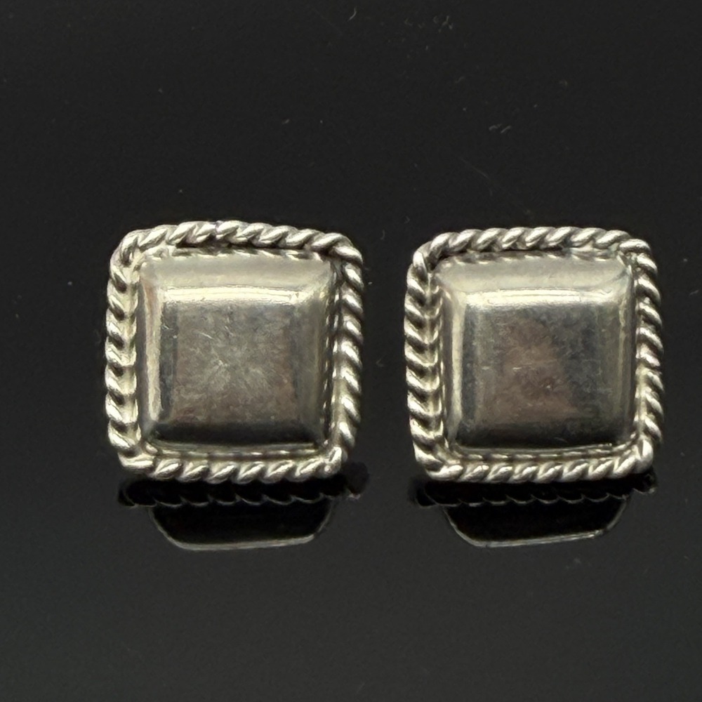 Vintage Taxco Mexico Sterling Silver Rope Framed Solid Square Pierced Earrings